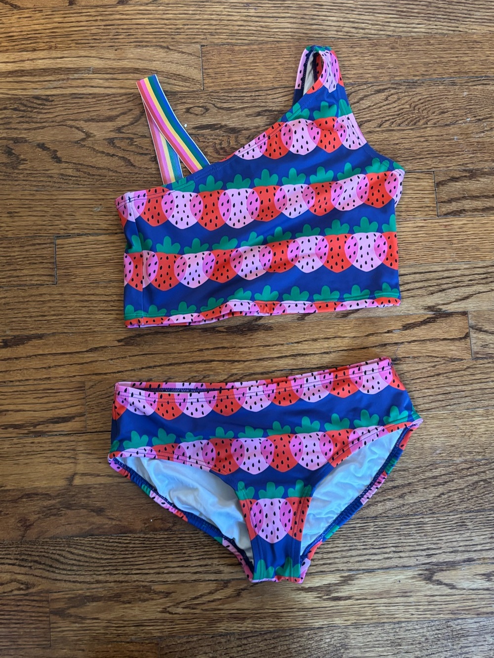 Hanna Anderson blue strawberry One Shoulder Tankini Swimsuit size 12 150cm